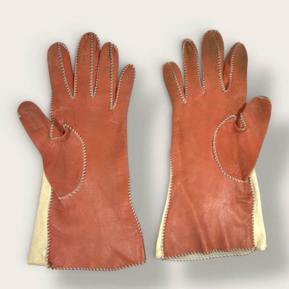 Vintage Kin Kid Leather Colorblock Gloves Ivory Orange Tablecut Size 6.5 1950s